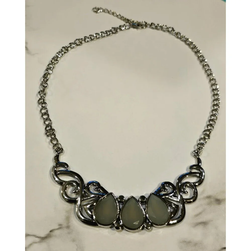 Silver Tone Scrollwork Necklace White Acrylic Teardrop Statement Necklace #1108